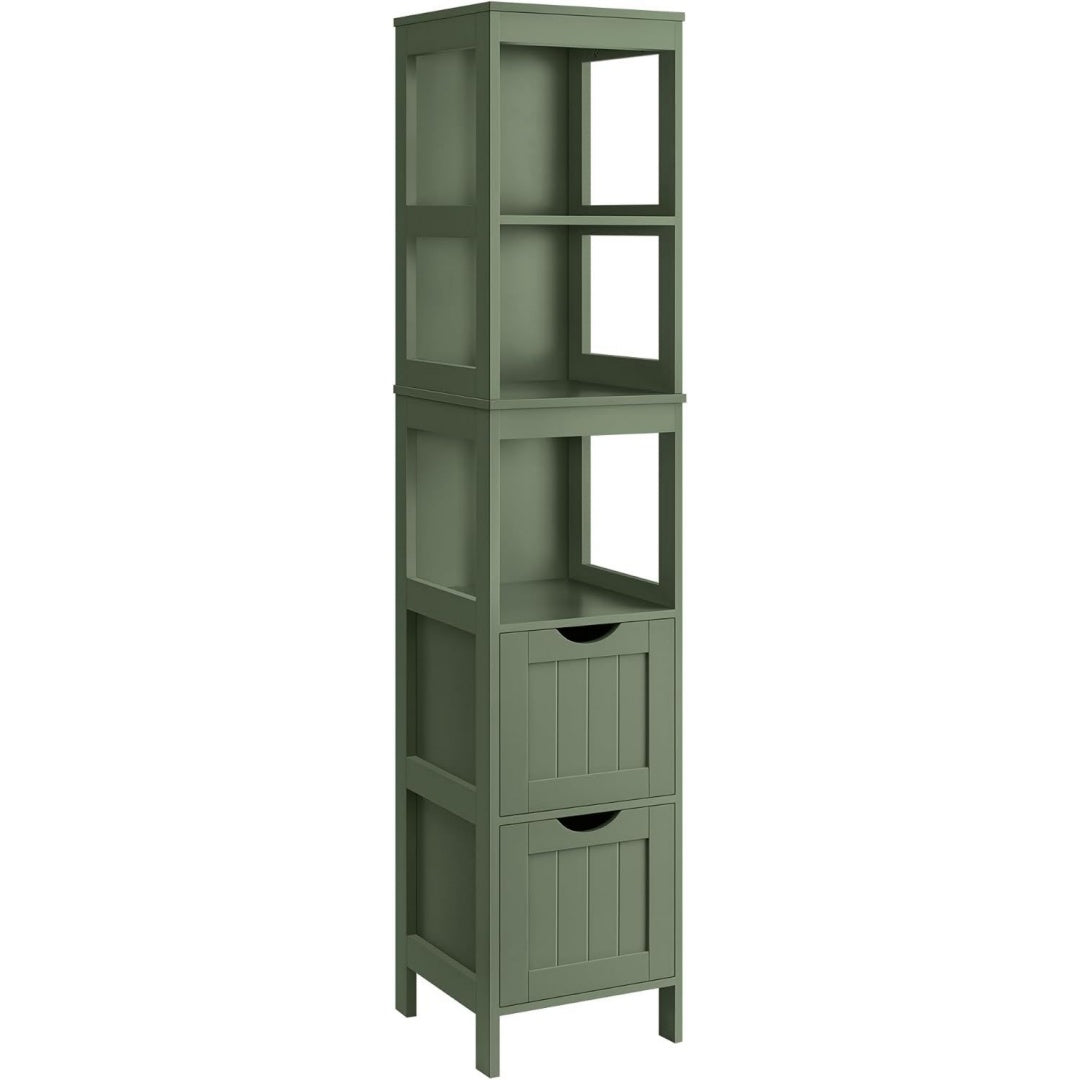 hochschrank badezimmer 2 schubladen 3 offene faecher badschrank stehend nischenschrank 30 x 30 x 1415 cm fuer bad wohnzimmer kueche waldgruen sofie kollektion bbc066c01