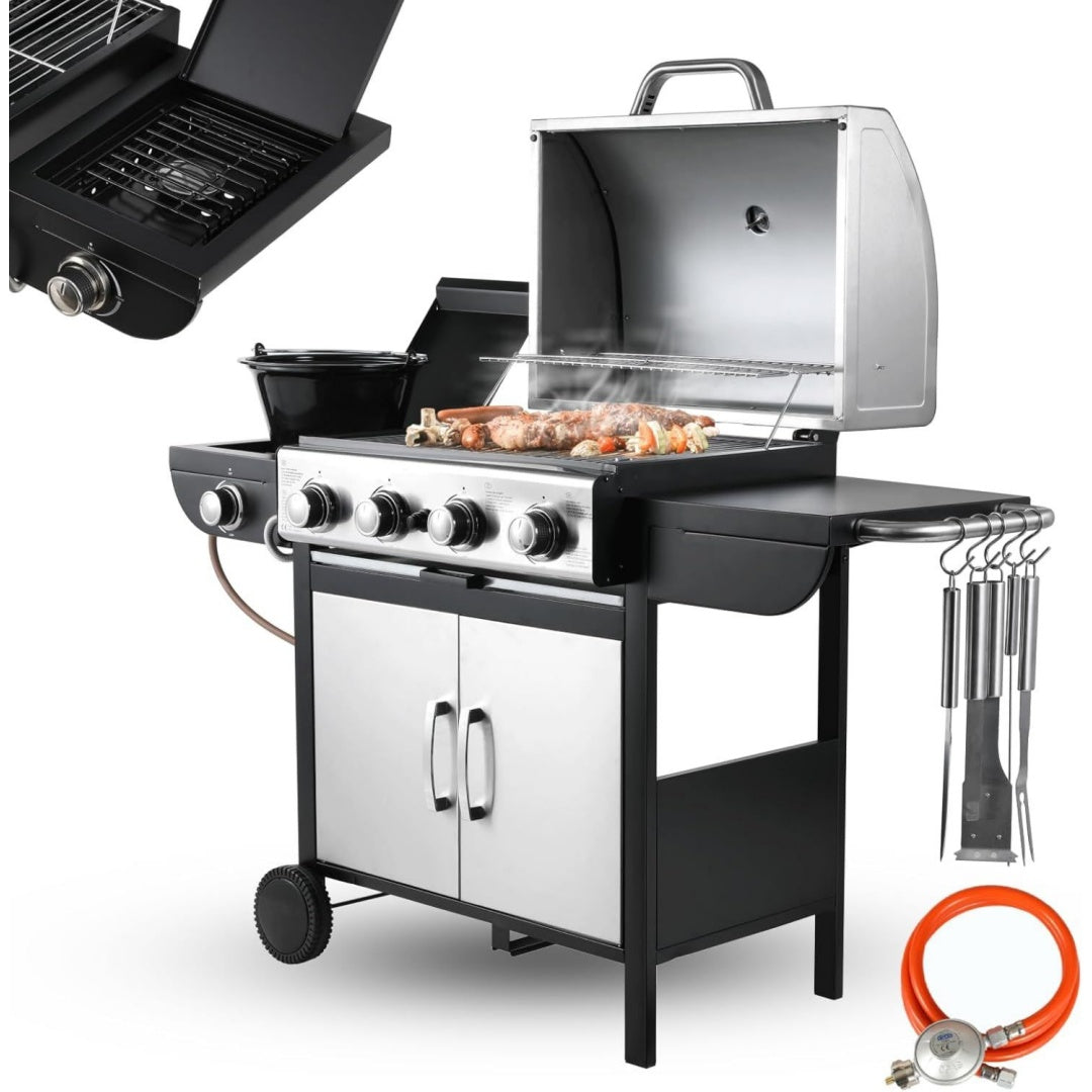 41 brenner gasgrill mit seitenkochfeld grillwagen gas edelstahl gasgriller mit 2pcs rad hochleistungsbrenner impulszuend mit thermometer grosse grillflaeche grillkueche 4293kw 233kw