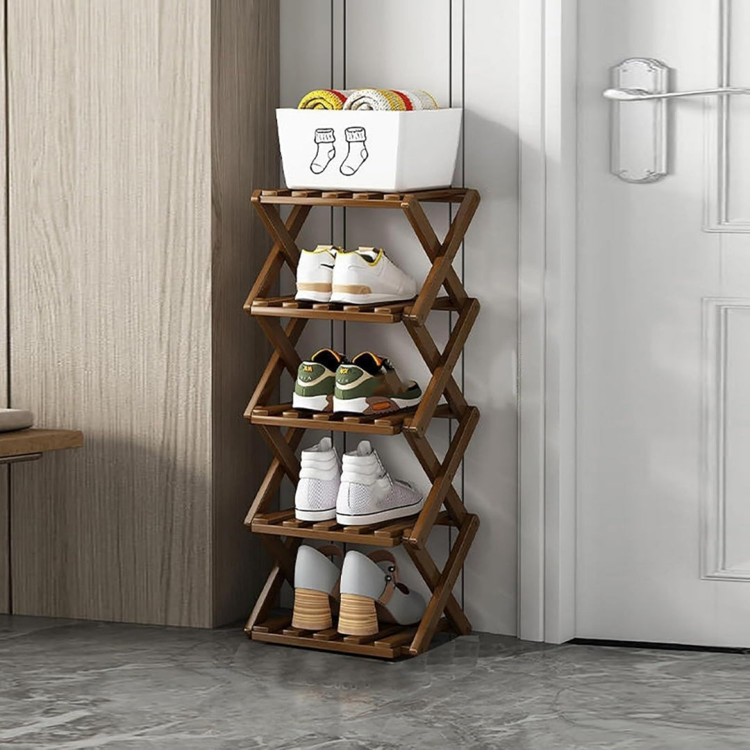 schuhregal bambus faltbar freistehend fuer eingangsbereich schrank schlafzimmer flur natuerlich funktional multifunktionales schuhregal 5 ebenen braun