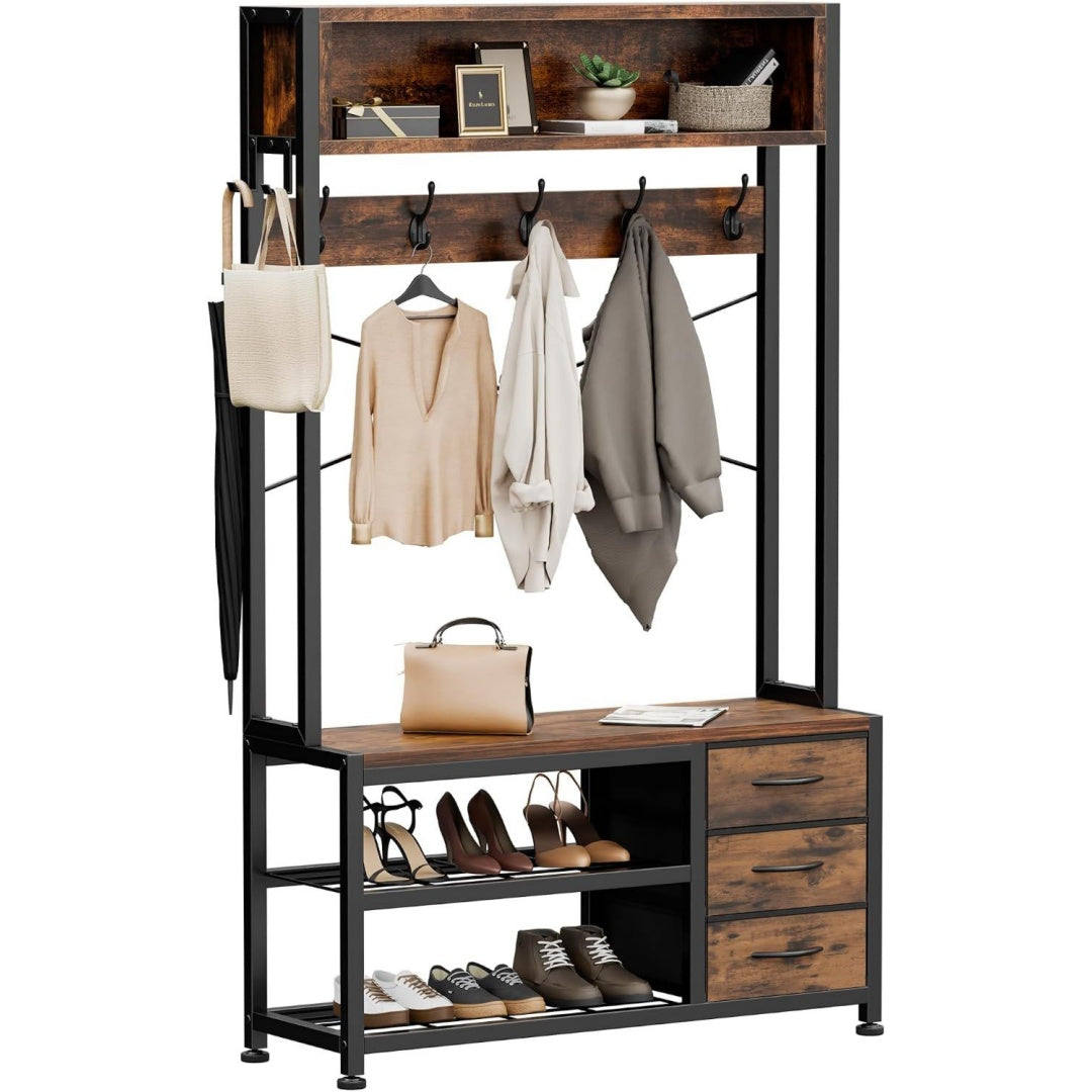 garderobenstaender mit schuhablage und 3 schubladen garderobe mit sitzbank braun 30t x 80b x 180h cm 5 in 1 12 haken 1 ablageflaeche metallrahmen coat racks freistehendes flur eingaenge