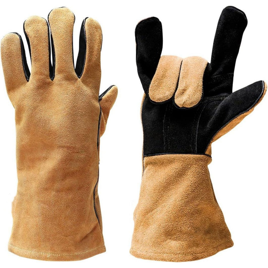 grillhandschuhe - kaminhandschuh aus leder und aramid - extrem hitzebestaendig - topfhandschuh ofenhandschuh zum grillen kochen und holz nachlegen - zertifiziert nach en 407 und en 390