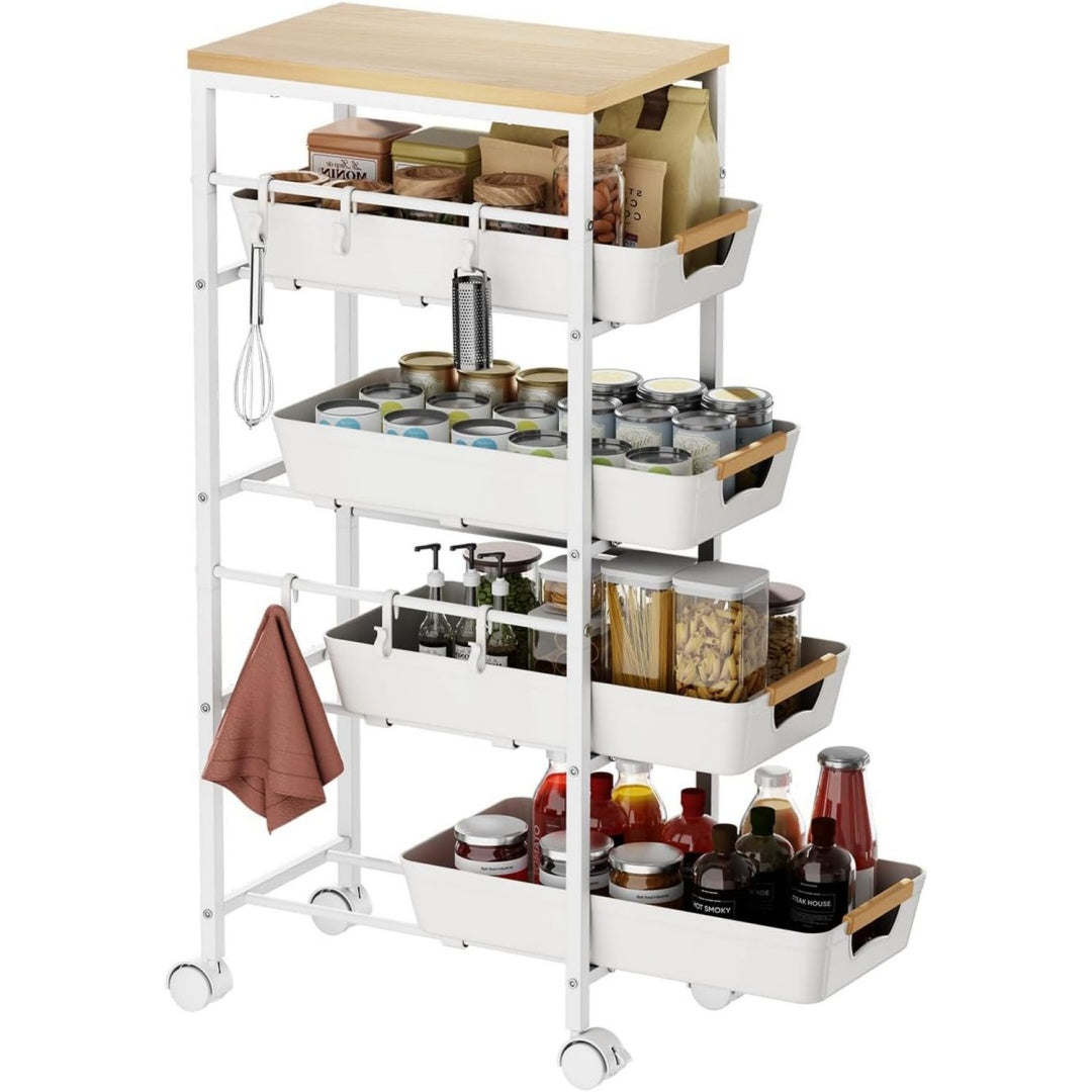 5-etagiger schmaler aufbewahrungswagen mit holzplatte rollender kuechenwagen mit ausziehkoerben raedern schmaler organizer schubladenwagen mit auszug fuer kueche bad waschkueche weiss