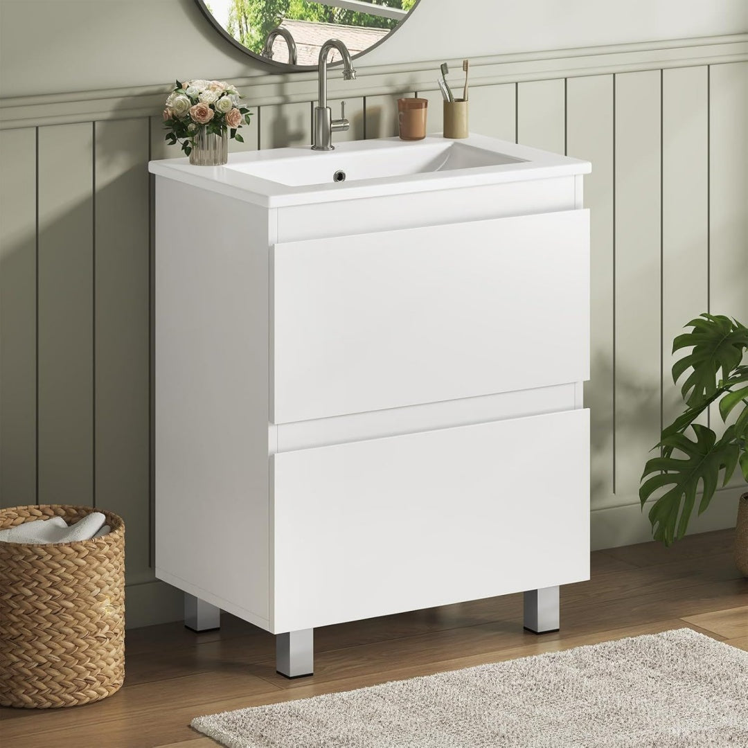 waschtisch mit unterschrank 60 cm waschbeckenunterschrank badezimmerschrank mit 2 grossen schubladen unterschrank waschbecken mit fuessen viel stauraum 61 x 465 x 87 cm weiss
