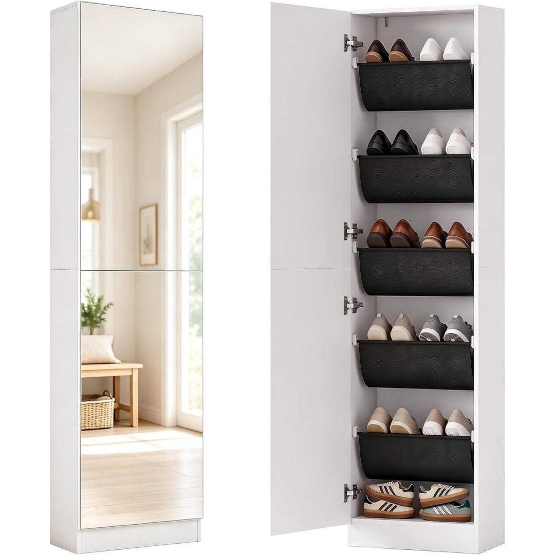schuhschrank mit ganzkoerperspiegel 12 paar 50 x 20 x 180 cm weiss schmale schuhkommode 2 umkehrbare tueren ablagen aus vliesstoff schuhregal mit soft-close-funktion fuer eingang flur