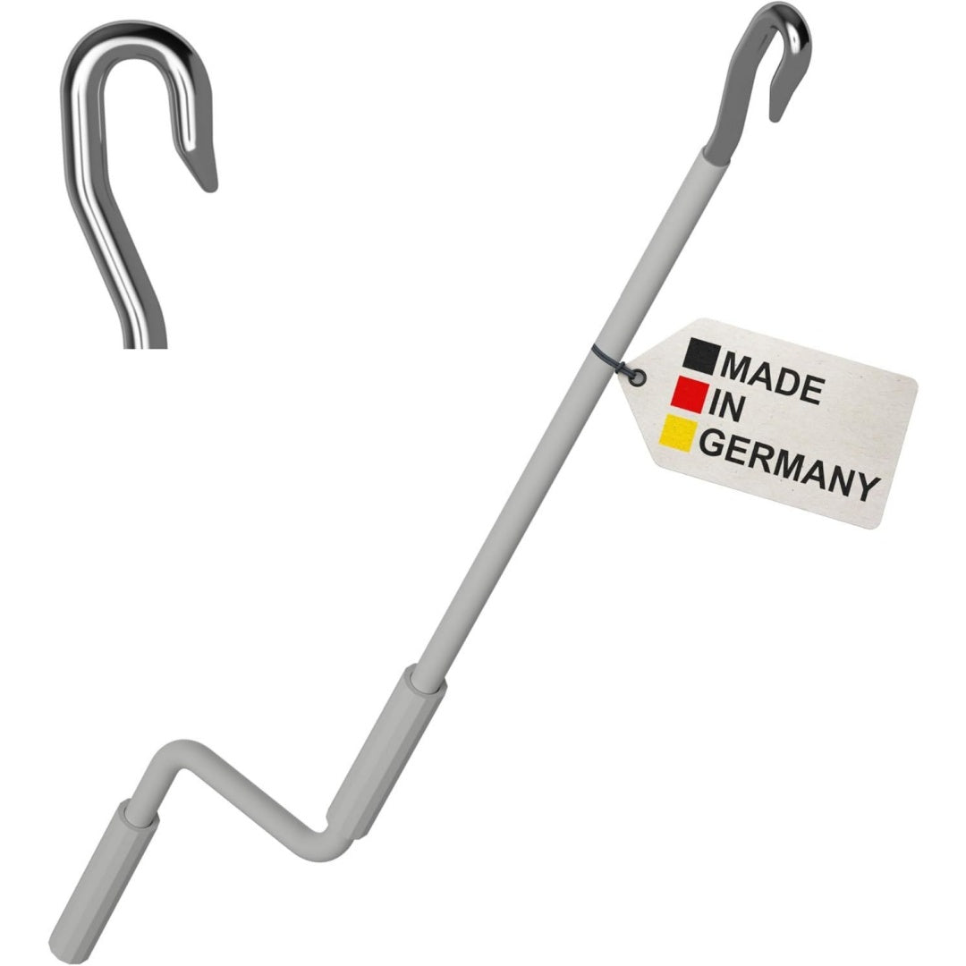 bauheld markisenkurbel mit fleischer-haken 120cm - made in germany - markisenstange aus verzinktem stahl - stabiler handgriff aus kunststoff - hand-kurbel kompatibel mit ovalen markisen-oesen - grau