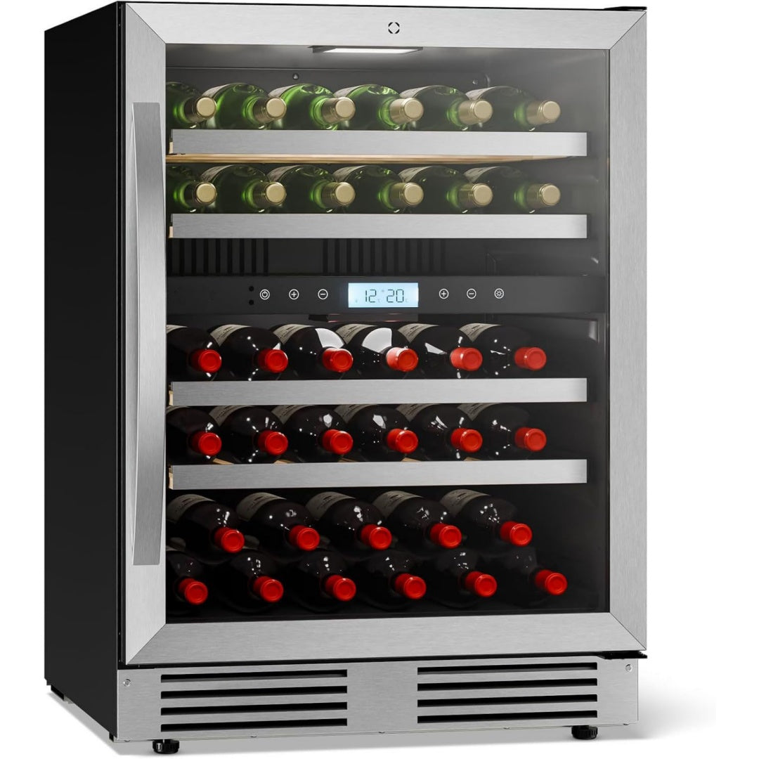 verosteel unterbau-weinkuehlschrank zweizonen-weinkuehlschrank fuer 43 flaschen ultraviolett-glastuer touch-bedienfeld ausziehbare leicht zugaengliche holzregale